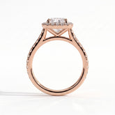 Cushion lab-grown diamond halo engagement ring in 18K (750) rose gold, side profile 
