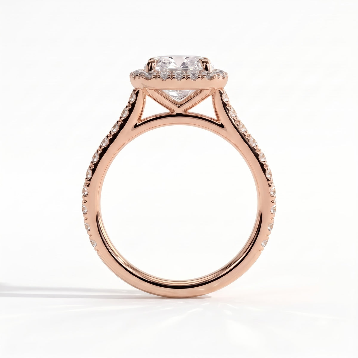 Cushion lab-grown diamond halo engagement ring in 18K (750) rose gold, side profile 
