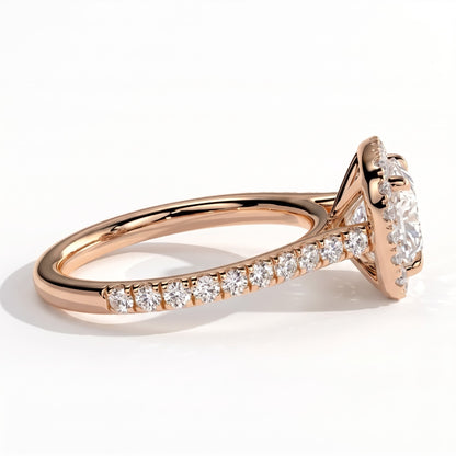 Cushion lab-grown diamond halo engagement ring in 18K (750) rose gold, detail view 