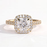 Cushion lab-grown diamond halo engagement ring in 18K (750) yellow gold, front view 