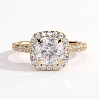 Cushion lab-grown diamond halo engagement ring in 18K (750) yellow gold, front view 