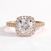 Cushion lab-grown diamond halo engagement ring in 18K (750) rose gold, front view 