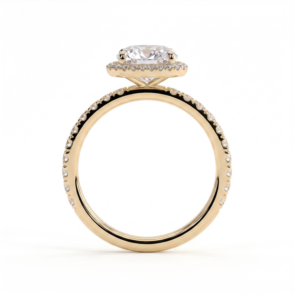 Cushion lab-grown diamond halo engagement ring in 18K (750) yellow gold, side profile 