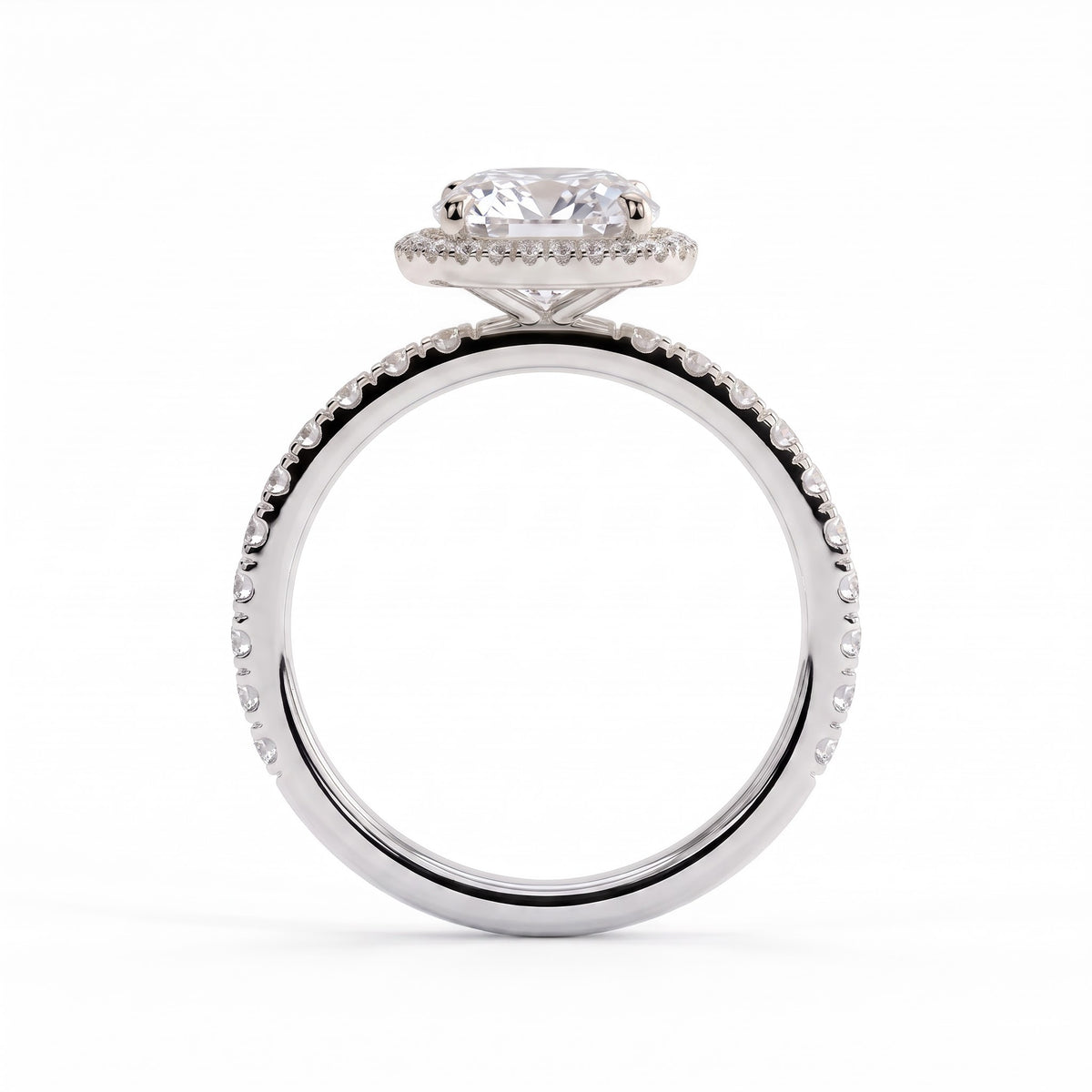 Cushion lab-grown diamond halo engagement ring in 18K (750) white gold, side profile 