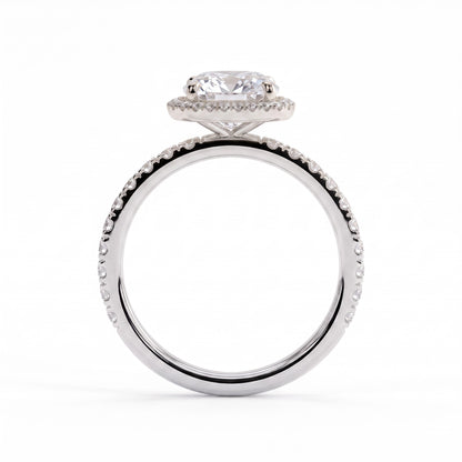 Cushion lab-grown diamond halo engagement ring in 18K (750) white gold, side profile 