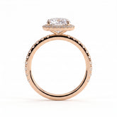 Cushion lab-grown diamond halo engagement ring in 18K (750) rose gold, side profile 