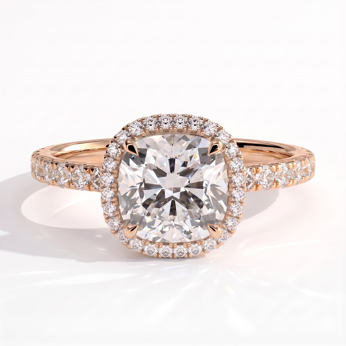 Cushion lab-grown diamond halo engagement ring in 18K (750) rose gold, front view 