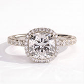Cushion lab-grown diamond halo engagement ring in 18K (750) white gold, front view 