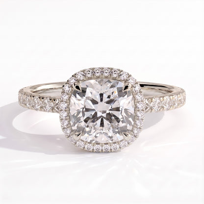 Cushion lab-grown diamond halo engagement ring in 18K (750) white gold, front view 
