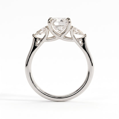 Cushion lab-grown diamond three-stone engagement ring in 18K (750) white gold, side profile 