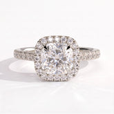 Cushion lab-grown diamond halo engagement ring in 950 platinum, front view 