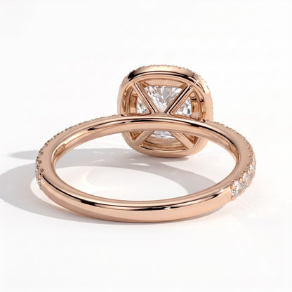 Cushion lab-grown diamond halo engagement ring in 18K (750) rose gold, on white background 