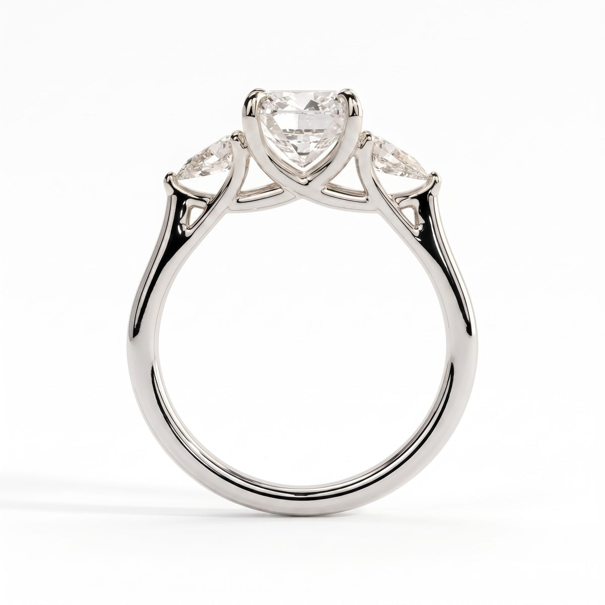 Cushion lab-grown diamond three-stone engagement ring in 950 platinum, side profile 