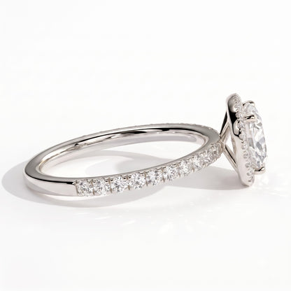 Cushion lab-grown diamond halo engagement ring in 950 platinum, detail view 
