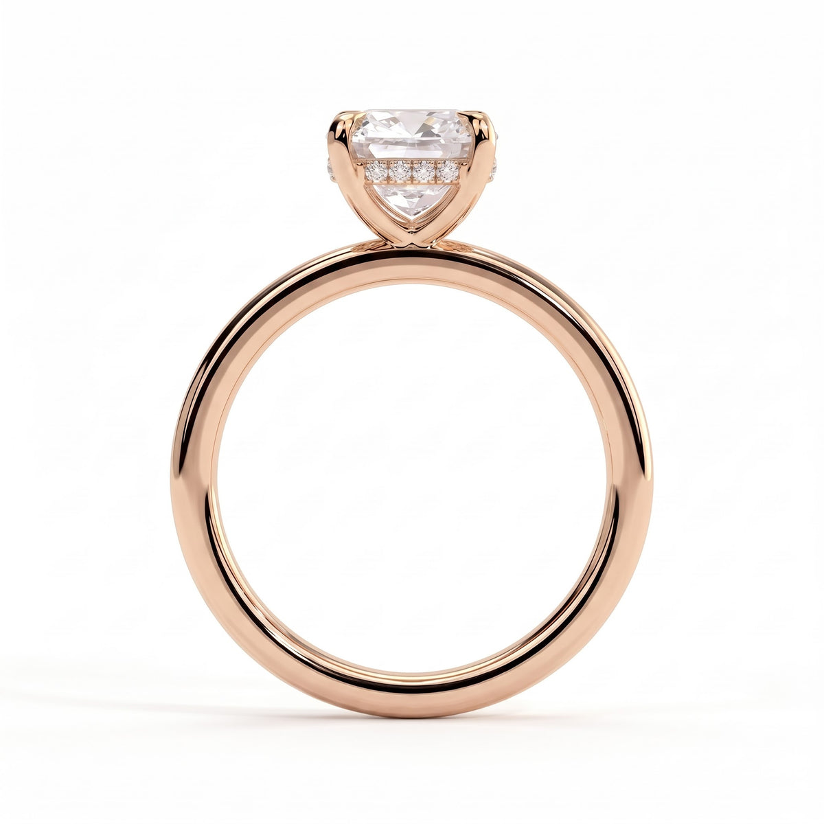 Cushion lab-grown diamond solitaire engagement ring in 14K (585) rose gold, side profile 