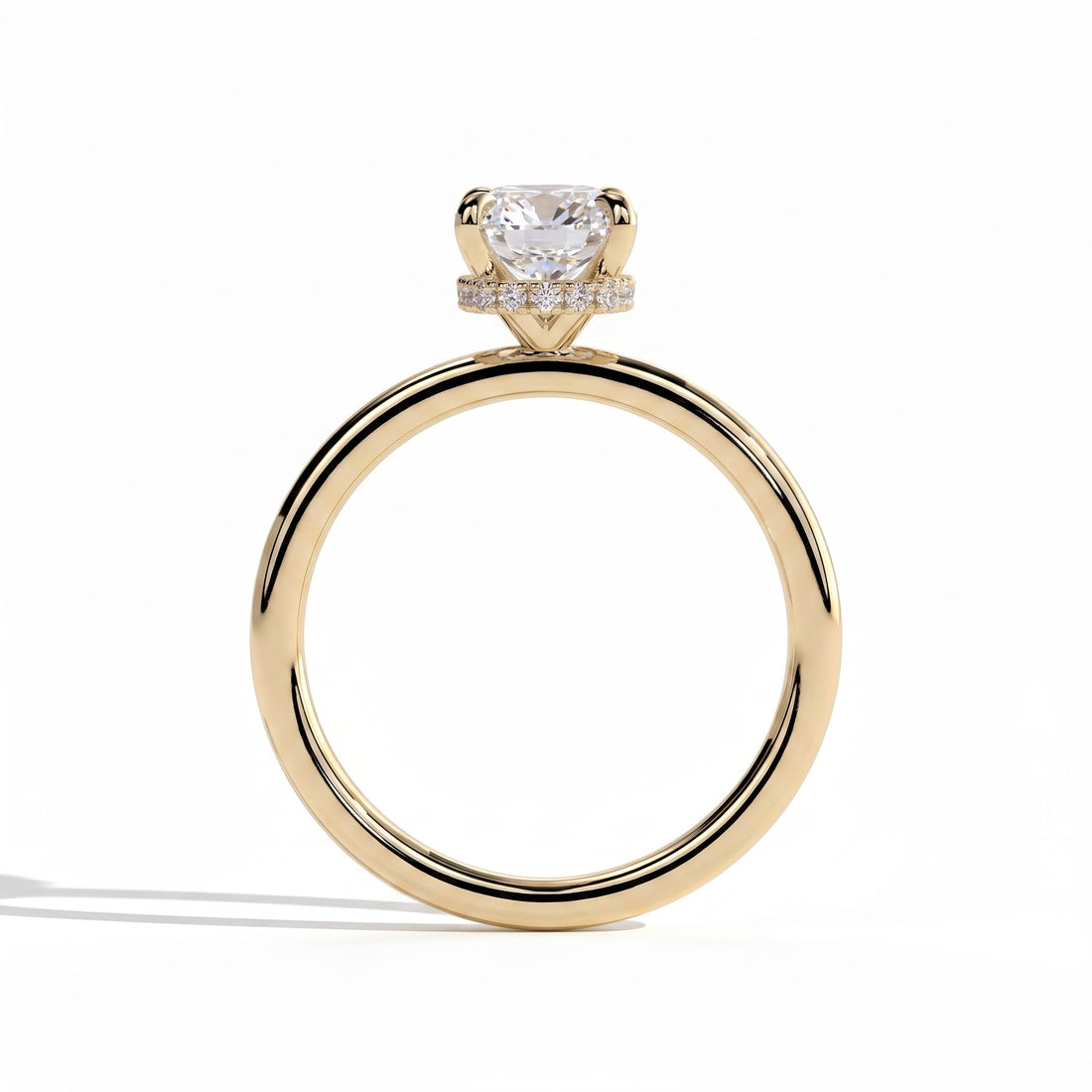 Elongated Cushion lab-grown diamond solitaire engagement ring in 14K (585) yellow gold, side profile 
