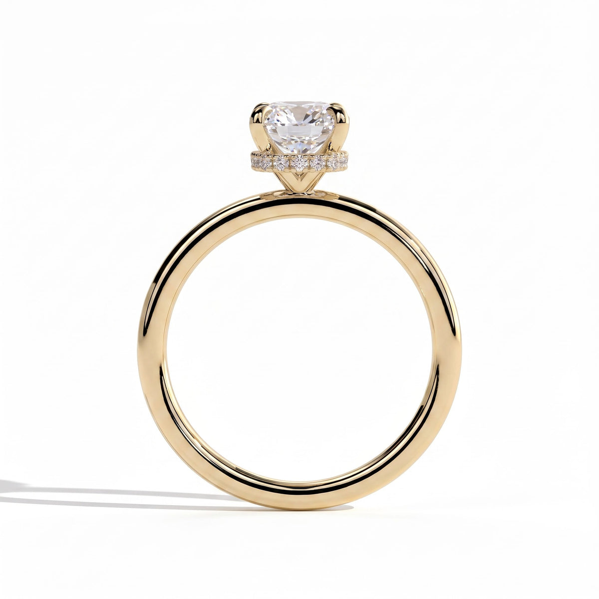 Elongated Cushion lab-grown diamond solitaire engagement ring in 14K (585) yellow gold, side profile 