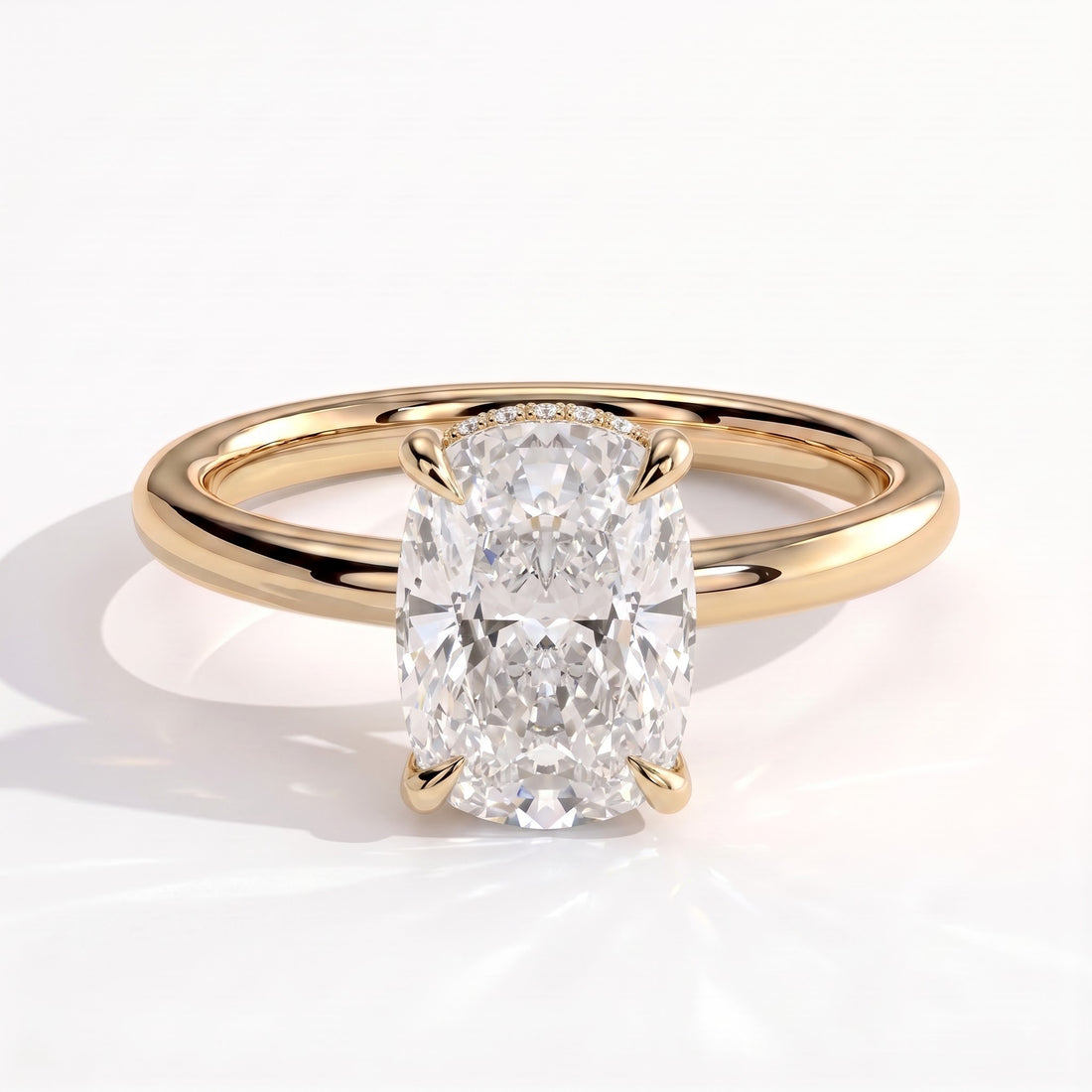 Elongated Cushion lab-grown diamond solitaire engagement ring in 14K (585) yellow gold, front view 