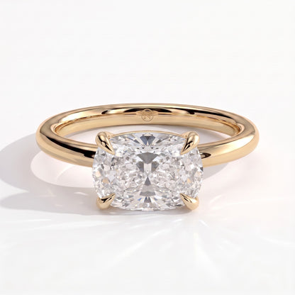 Elongated Cushion lab-grown diamond east-west solitaire engagement ring in 14K (585) yellow gold, front view 