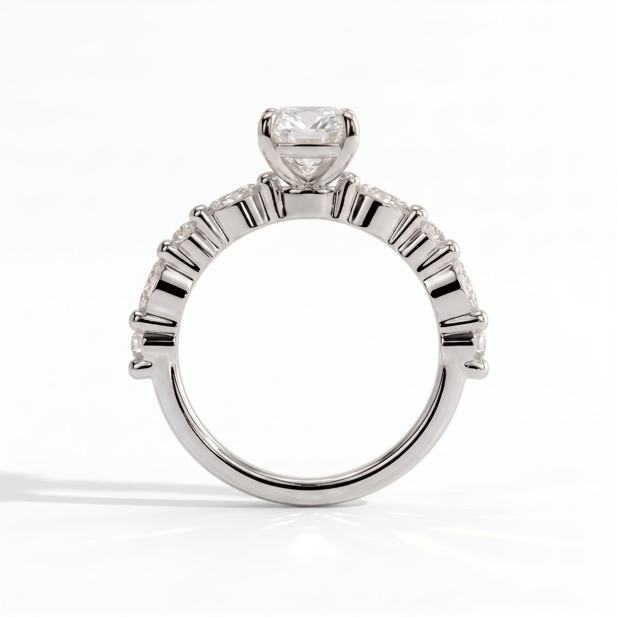 Elongated Cushion lab-grown diamond halo engagement ring in 14K (585) white gold, side profile 