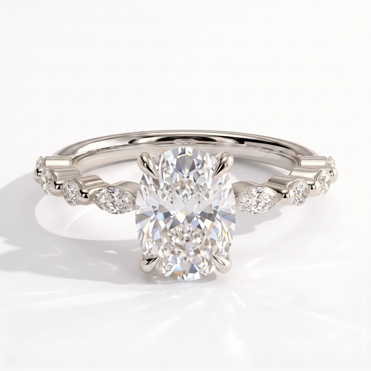 Elongated Cushion lab-grown diamond halo engagement ring in 14K (585) white gold, front view 