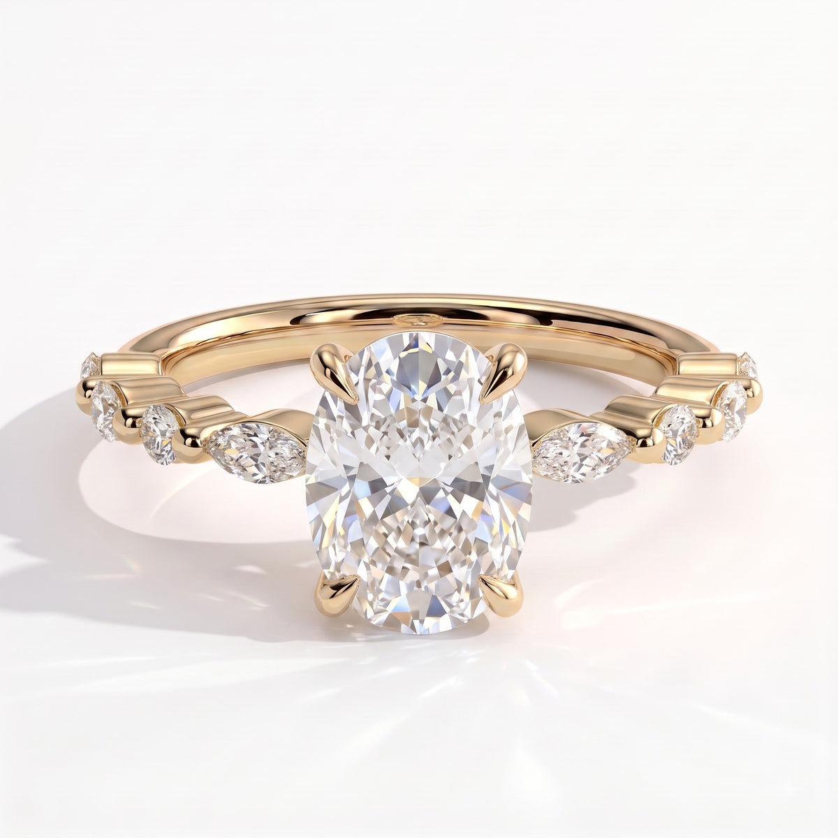 Elongated Cushion lab-grown diamond halo engagement ring in 14K (585) yellow gold, front view 