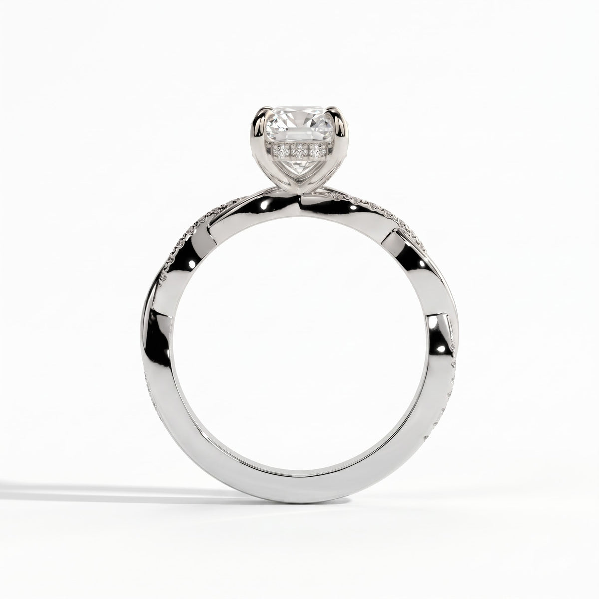 Elongated Cushion lab-grown diamond halo engagement ring in 14K (585) white gold, side profile 