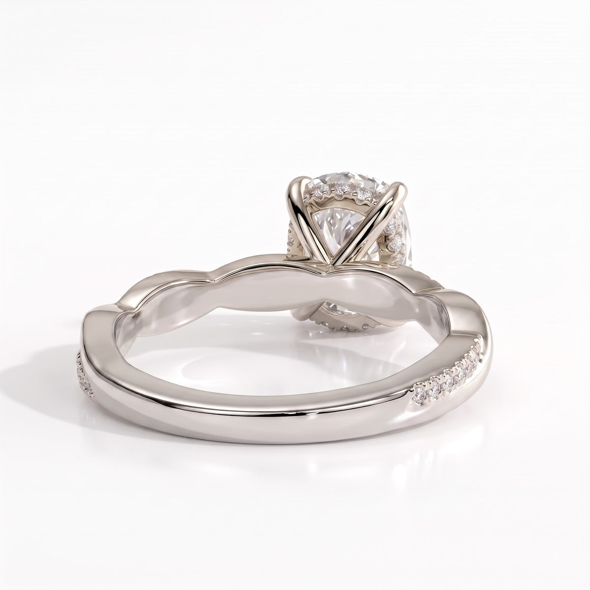 Elongated Cushion lab-grown diamond halo engagement ring in 14K (585) white gold, on white background 