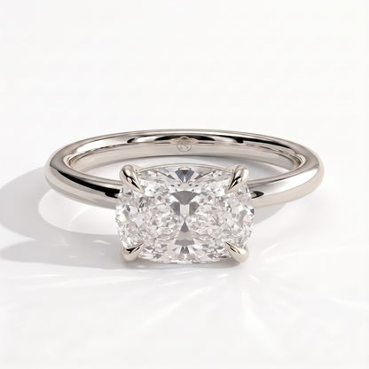 Elongated Cushion lab-grown diamond east-west solitaire engagement ring in 14K (585) white gold, front view 