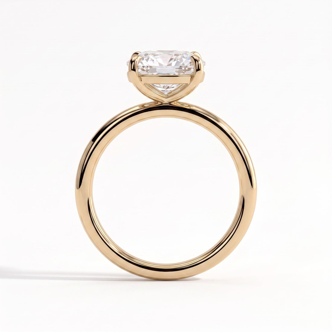 Elongated Cushion lab-grown diamond east-west solitaire engagement ring in 14K (585) yellow gold, side profile 