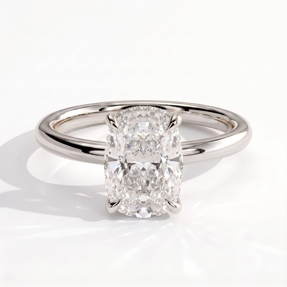 Elongated Cushion lab-grown diamond solitaire engagement ring in 18K (750) white gold, front view 