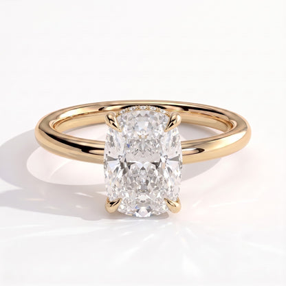 Elongated Cushion lab-grown diamond solitaire engagement ring in 18K (750) yellow gold, front view 