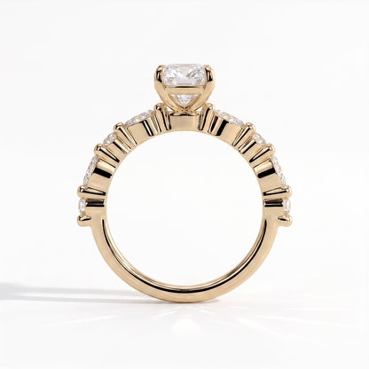 Elongated Cushion lab-grown diamond halo engagement ring in 18K (750) yellow gold, side profile 