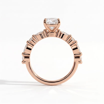 Elongated Cushion lab-grown diamond halo engagement ring in 18K (750) rose gold, side profile 