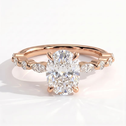 Elongated Cushion lab-grown diamond halo engagement ring in 18K (750) rose gold, front view 