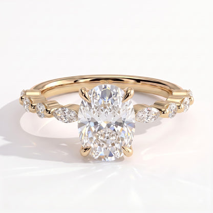 Elongated Cushion lab-grown diamond halo engagement ring in 18K (750) yellow gold, front view 