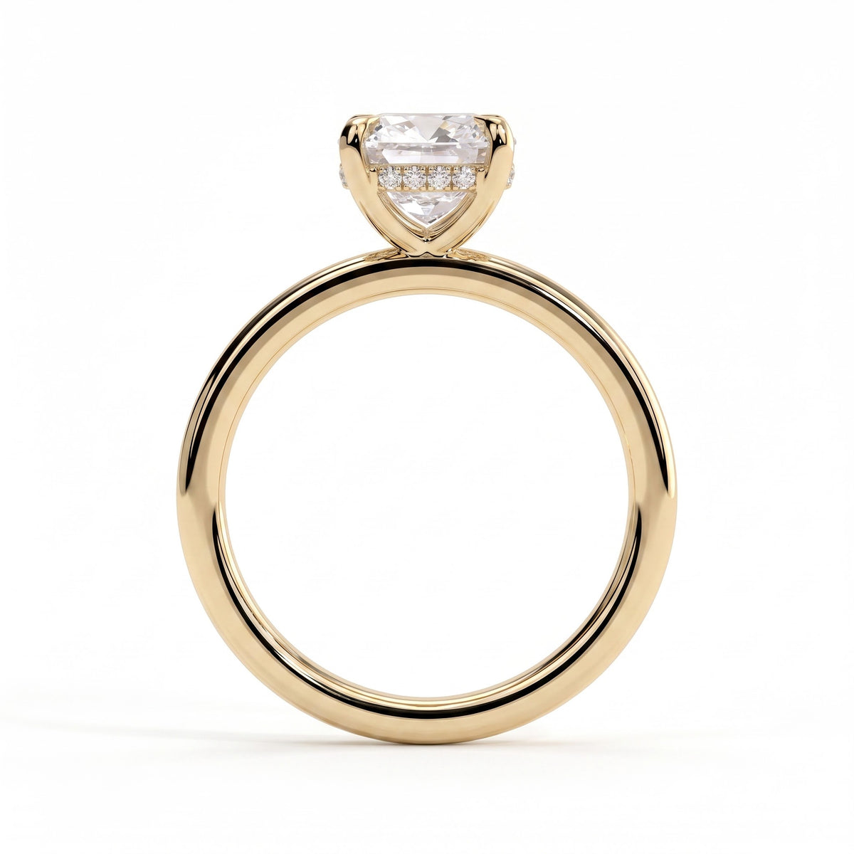 Cushion lab-grown diamond solitaire engagement ring in 18K (750) yellow gold, side profile 