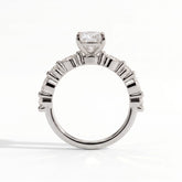 Elongated Cushion lab-grown diamond halo engagement ring in 950 platinum, front view 