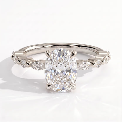Elongated Cushion lab-grown diamond halo engagement ring in 950 platinum, detail view 