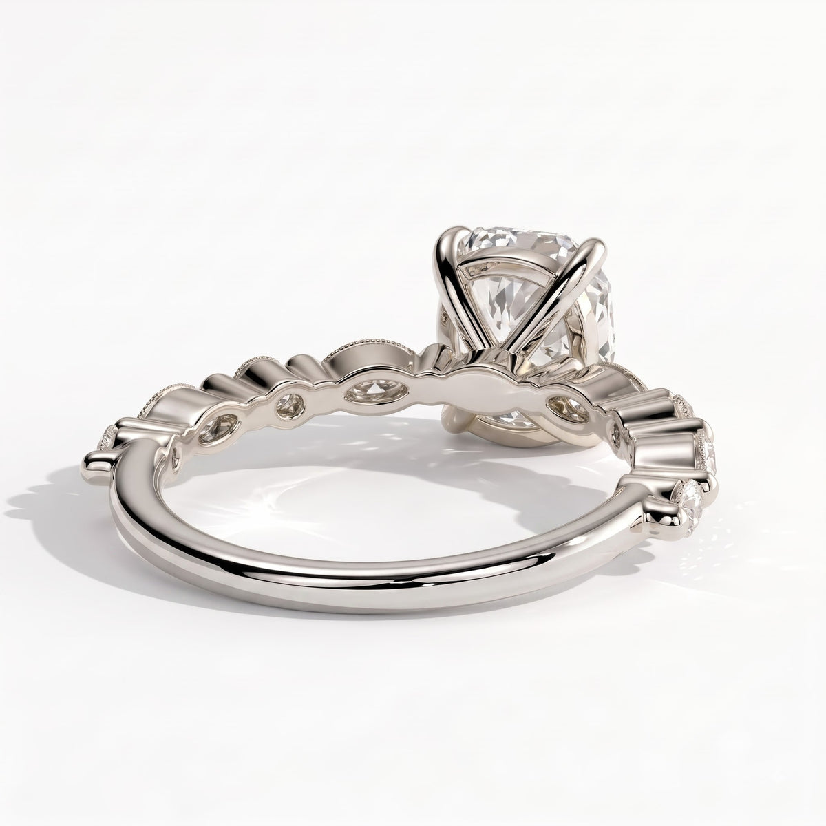 Elongated Cushion lab-grown diamond halo engagement ring in 950 platinum, on white background 