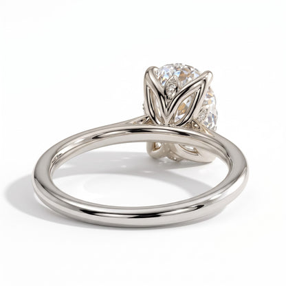 Elongated Cushion lab-grown diamond solitaire engagement ring in 18K (750) white gold, on white background 