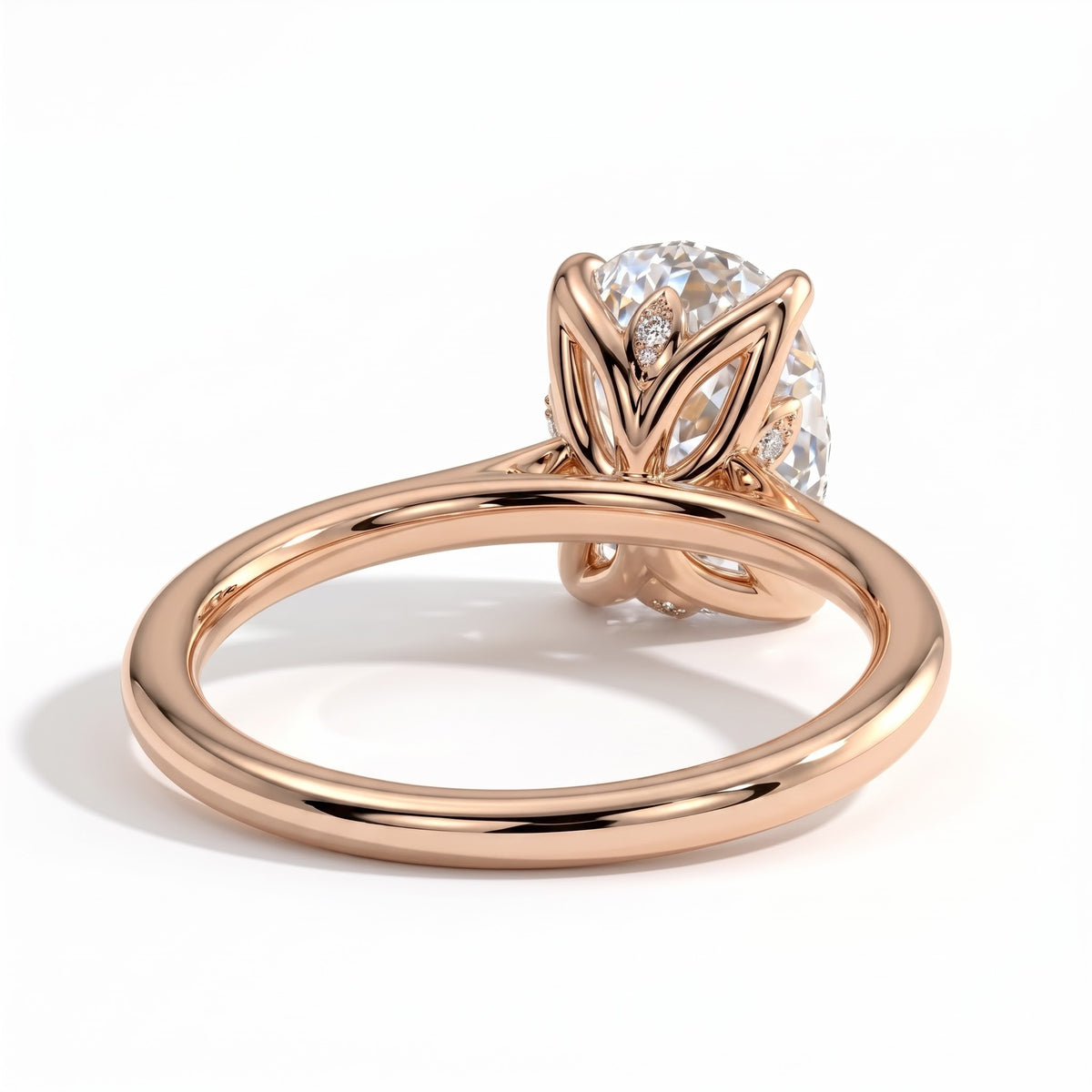 Elongated Cushion lab-grown diamond solitaire engagement ring in 18K (750) rose gold, on white background 