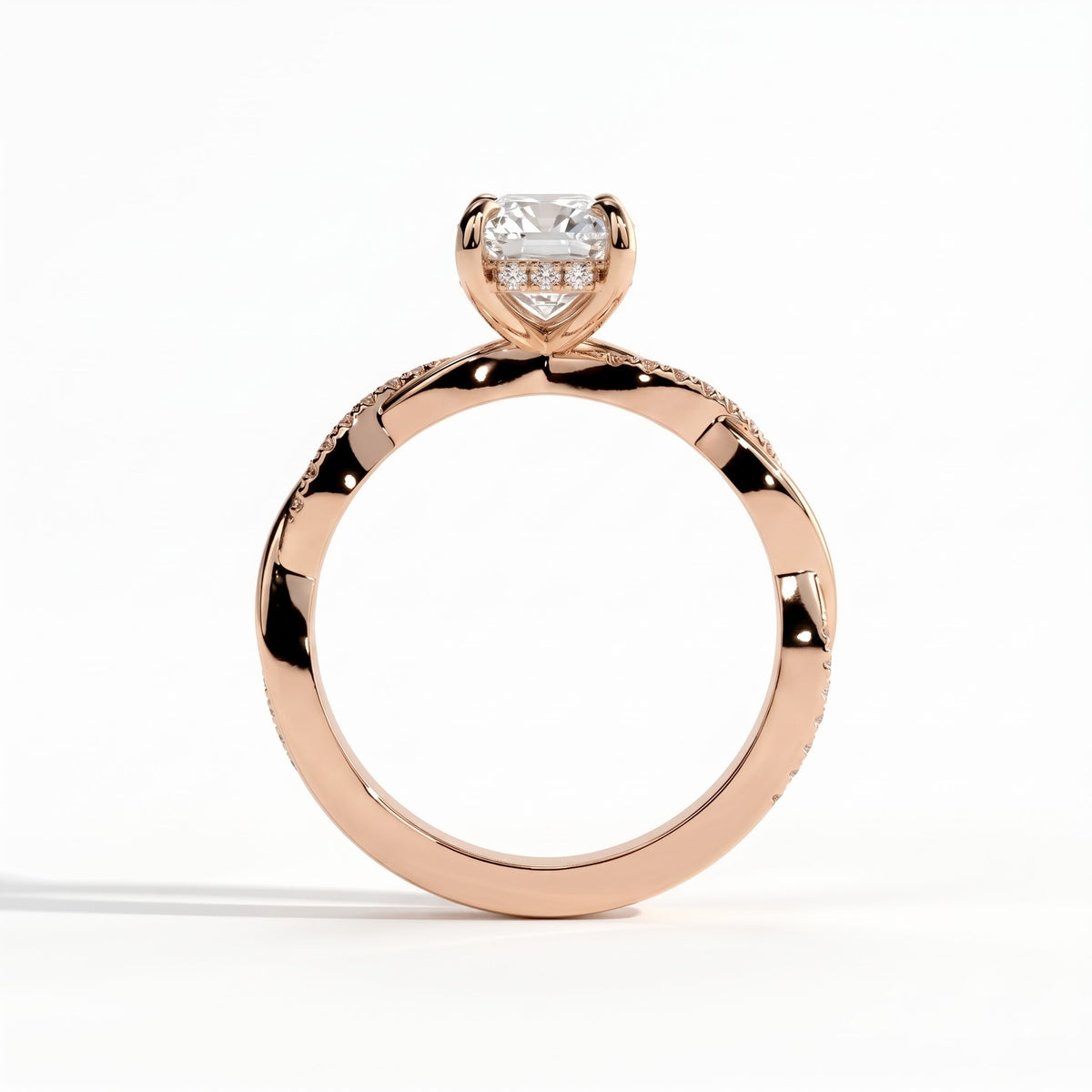 Elongated Cushion lab-grown diamond halo engagement ring in 18K (750) rose gold, side profile 