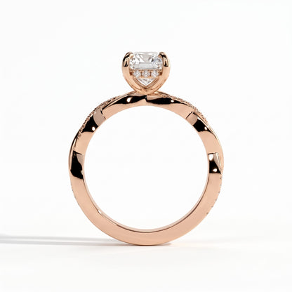 Elongated Cushion lab-grown diamond halo engagement ring in 18K (750) rose gold, side profile 