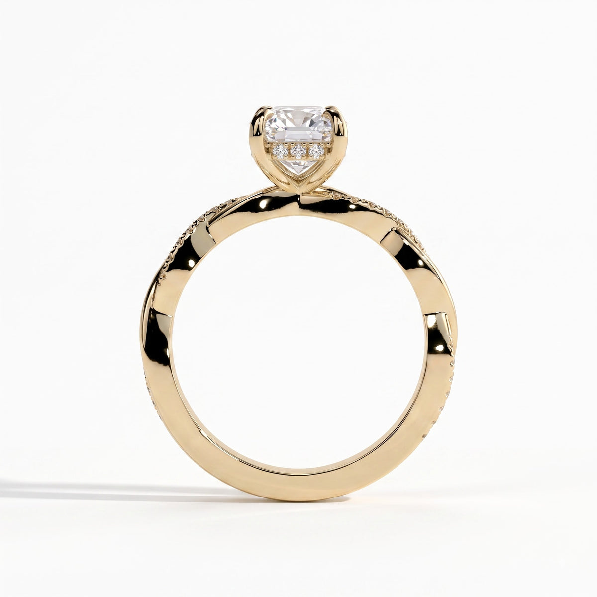 Elongated Cushion lab-grown diamond halo engagement ring in 18K (750) yellow gold, side profile 