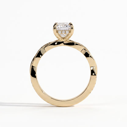 Elongated Cushion lab-grown diamond halo engagement ring in 18K (750) yellow gold, side profile 