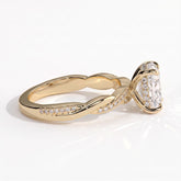Elongated Cushion lab-grown diamond halo engagement ring in 18K (750) yellow gold, detail view 