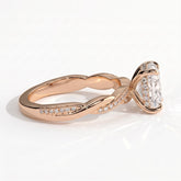 Elongated Cushion lab-grown diamond halo engagement ring in 18K (750) rose gold, detail view 