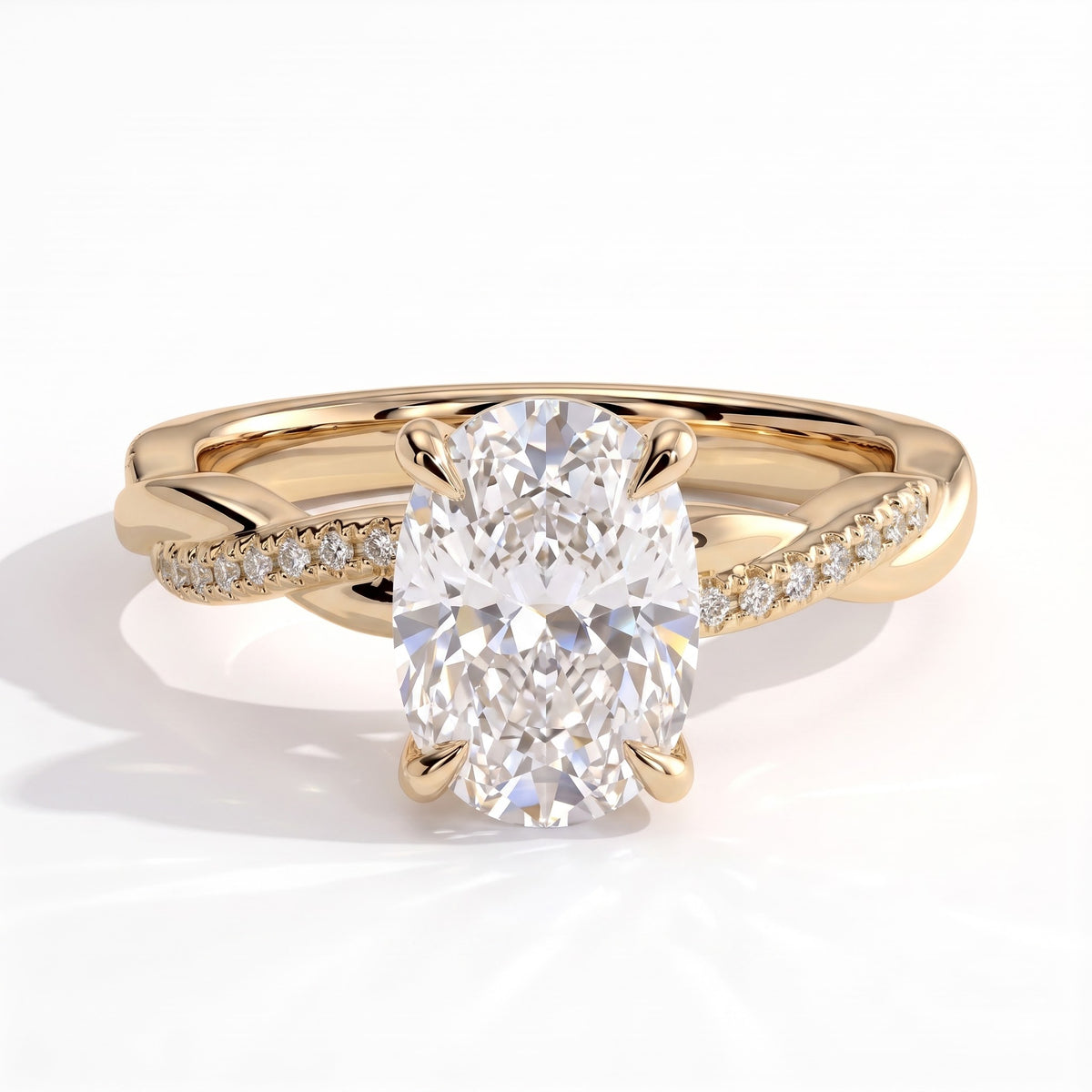 Elongated Cushion lab-grown diamond halo engagement ring in 18K (750) yellow gold, front view 