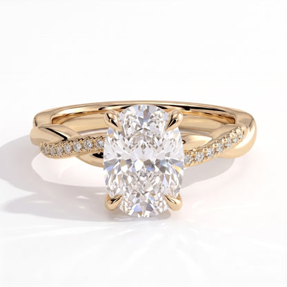 Elongated Cushion lab-grown diamond halo engagement ring in 18K (750) yellow gold, front view 